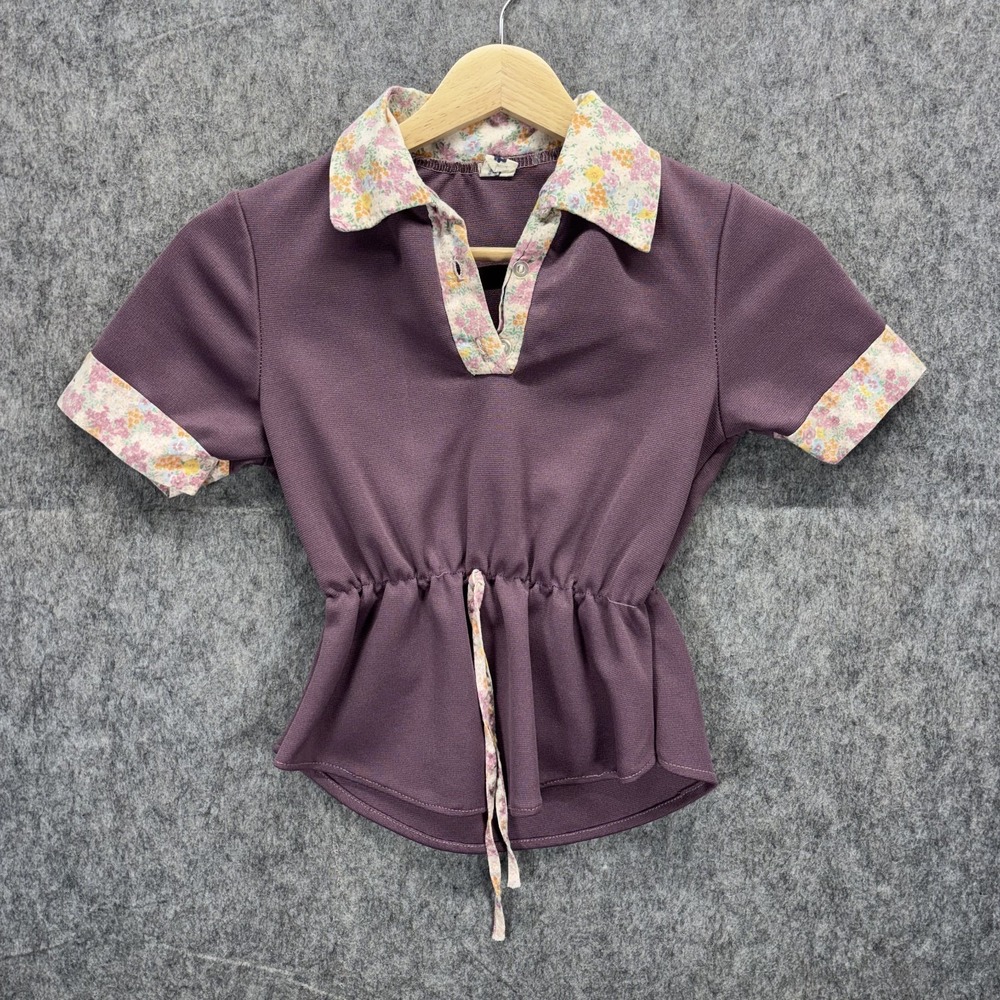 True Vintage Blouse Top Girls 10 Women XXS Short Sleeve 70s 60s Mod Rayon Collar